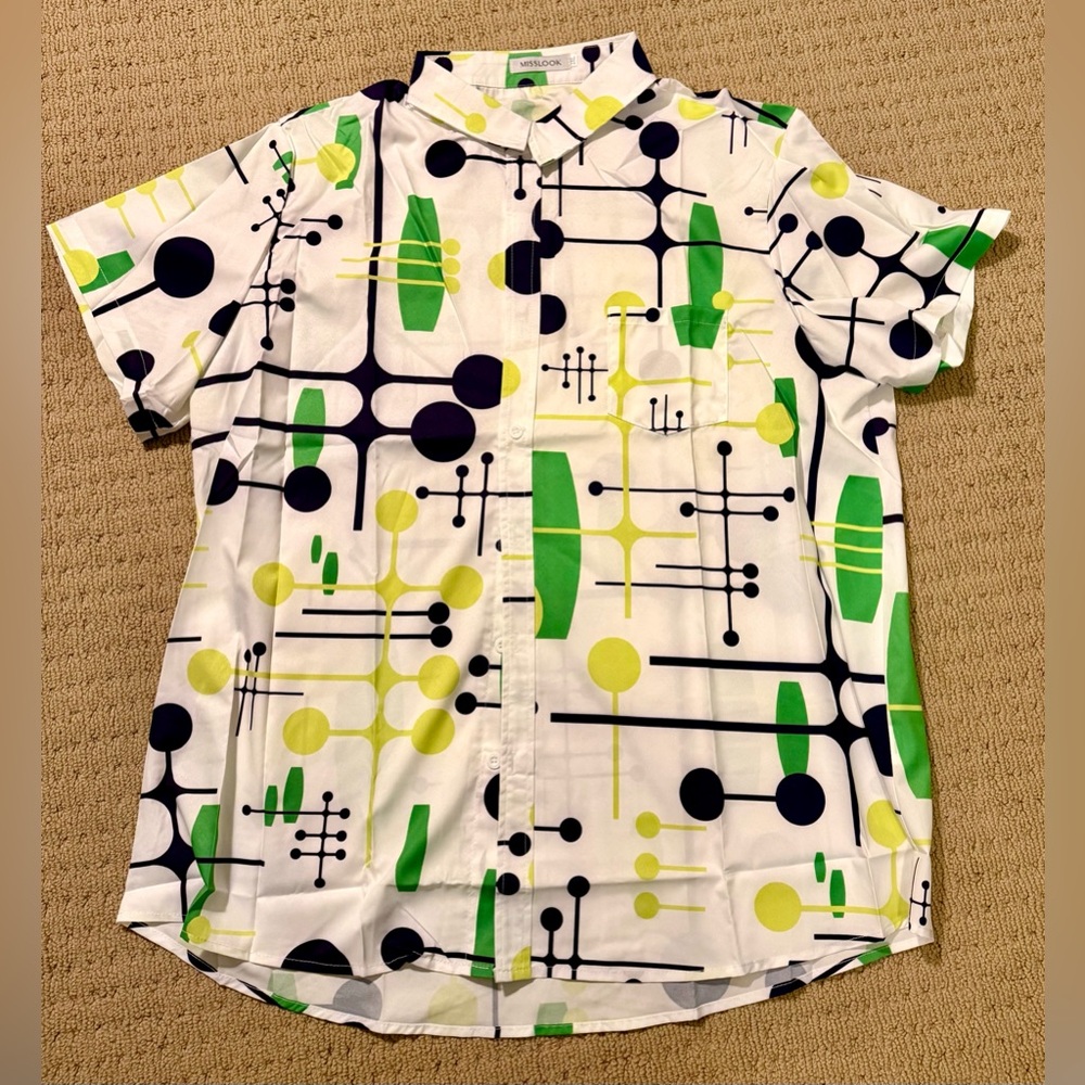 NWT MISSLOOK Cream Geometric Button-Down Shirt, Sz XXL, Orig $60